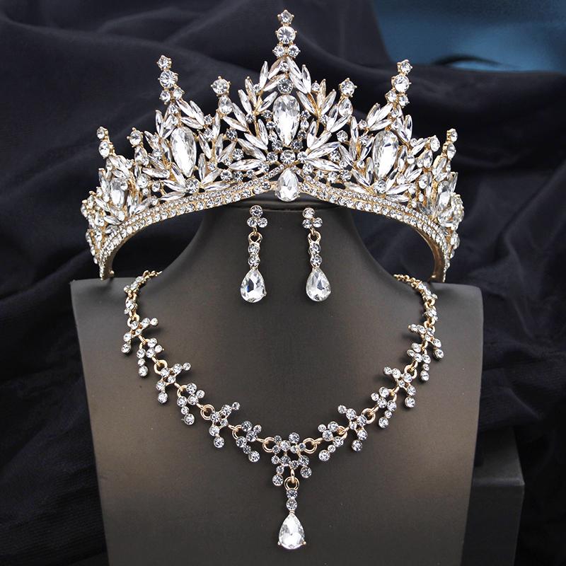 Queen Bridal Jewelry Sets for Women Pink Tiara Wedding Dress Crown With Necklace Earring Set Party Birthday Costume Accessories