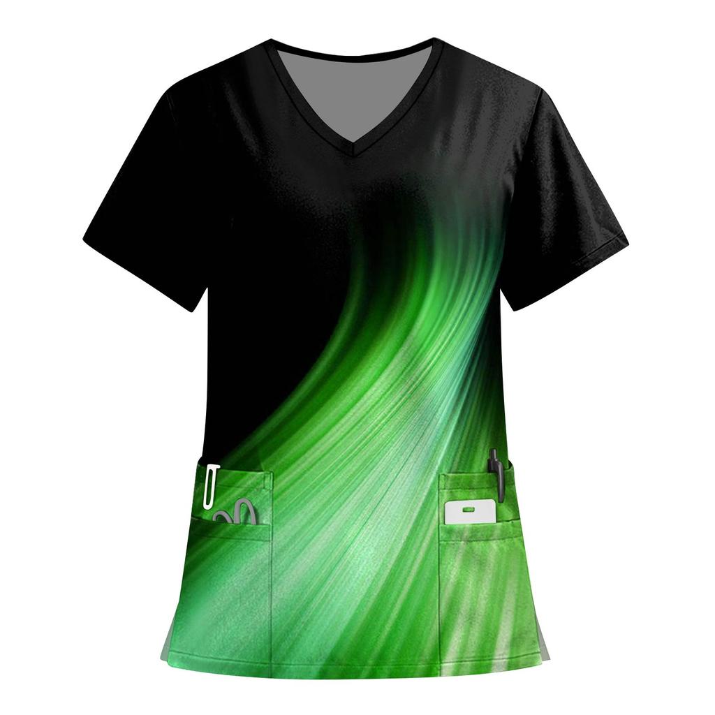 Women's Fashion Printed Short Sleeve V Neck Pattern Tops Pocket Working T-shirts