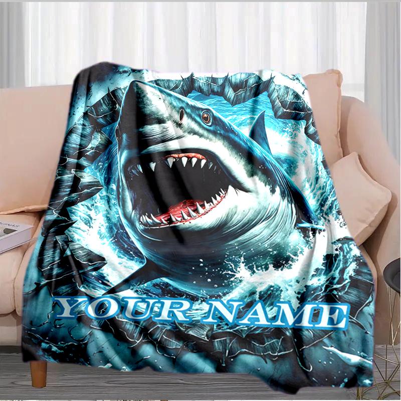 1PC Custom Name Oceanic Shark Adventure Flannel Blankets Patterns Throw Blanket All-Season Soft Gift for Couch, Bed, Camping Gifts