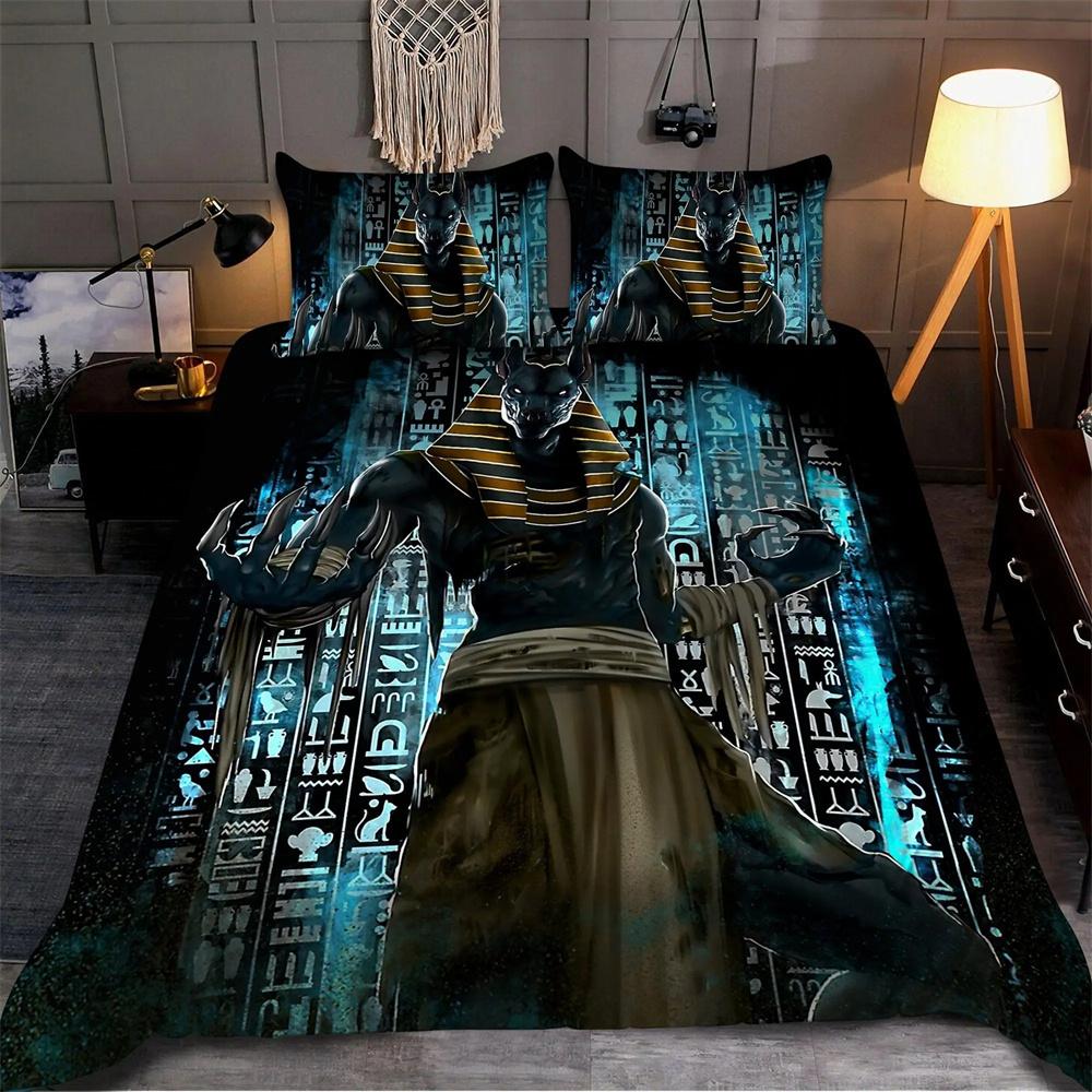 Ancient Egypt Anubis Duvet Cover Set Egyptian Symbol Culture Bedding Sets Vintage Pharaoh Pyramid Boho Tribal Quilt Cover Queen