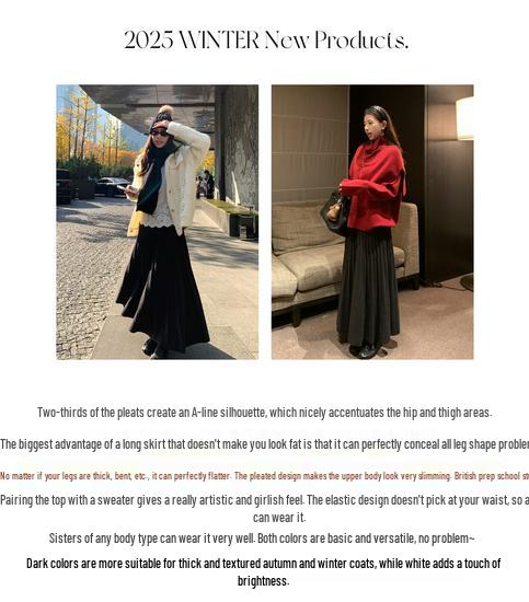 Baishiwang Women's High-Waisted A-Line Pleated Skirt, Autumn/Winter Long Loose Slimming Design.