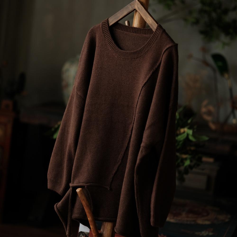 Johnature Women Vintage Pullover Sweaters Solid Color Irregular Patchwork O-Neck Long Sleeve Knitted Autumn Winter Sweaters