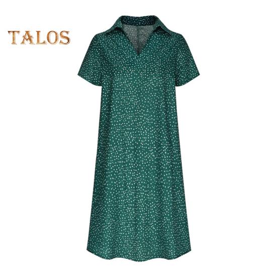Summer Dress Dot Printing Short Sleeves Loose A-line Shirt Dress V Neck Knee Length Midi Dress for Dating Travel Vacation
