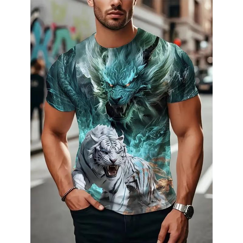 Men s 3D Digital Print Dragon Graphic T-Shirt Casual Short Sleeve Summer Round Neck Tshirts Regular Fit Oversized S