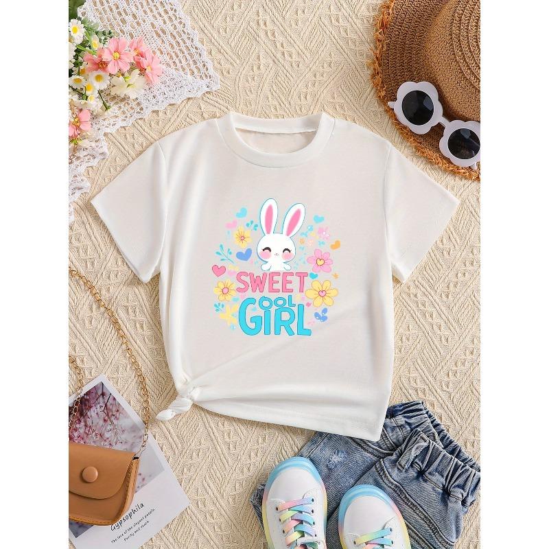 European Size Girls Round Neck Short Sleeved T Shirt with Cartoon Rabbit and English Pattern Print