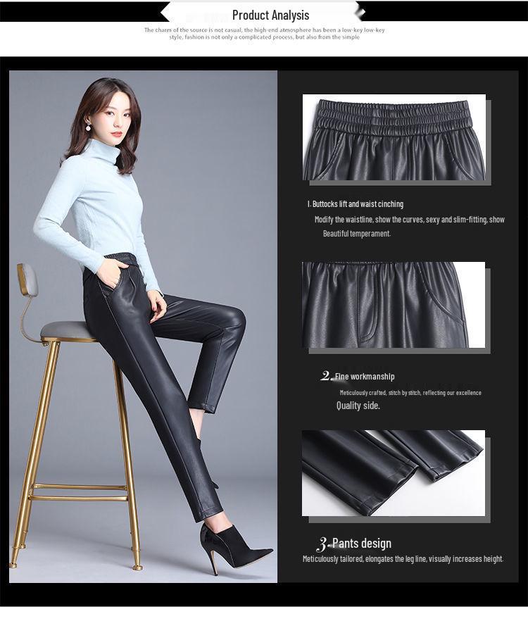 2023 Autumn/Winter Women's High-Waisted Plus Velvet Leather Harem Pants - Loose Wide-Leg, Cropped, Thickened