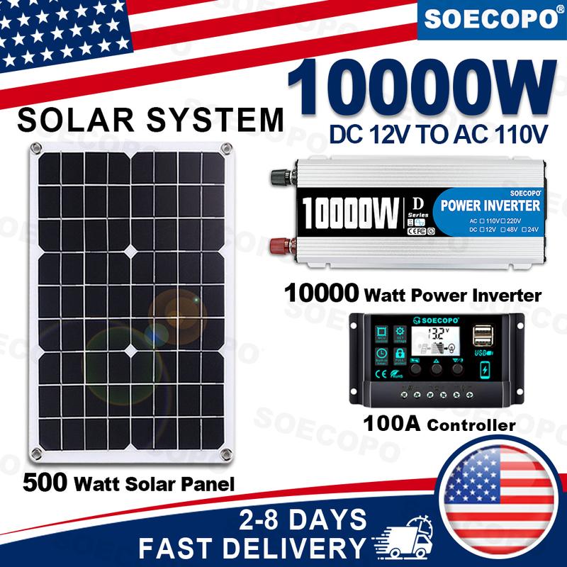 (US Stock) 10000W Peak Solar Generator Kit 500W Panel Inverter 12V 110V 100A Controller System Photovoltaic Car for Home RV