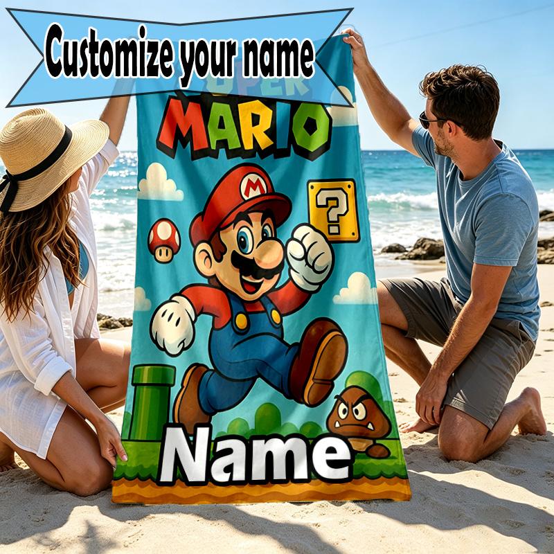 Custom Name Personalized Super Mario Print Beach Towel, for Trip Camping Beach Party Home Decor, Birthday Gift for Family & Friends