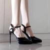 Women Pumps Sexy Stilettos Fashion Bowknot Pointed Toe Thin Ankle Strap Flock Ladies High Heels Female BLACK Wedding Shoes