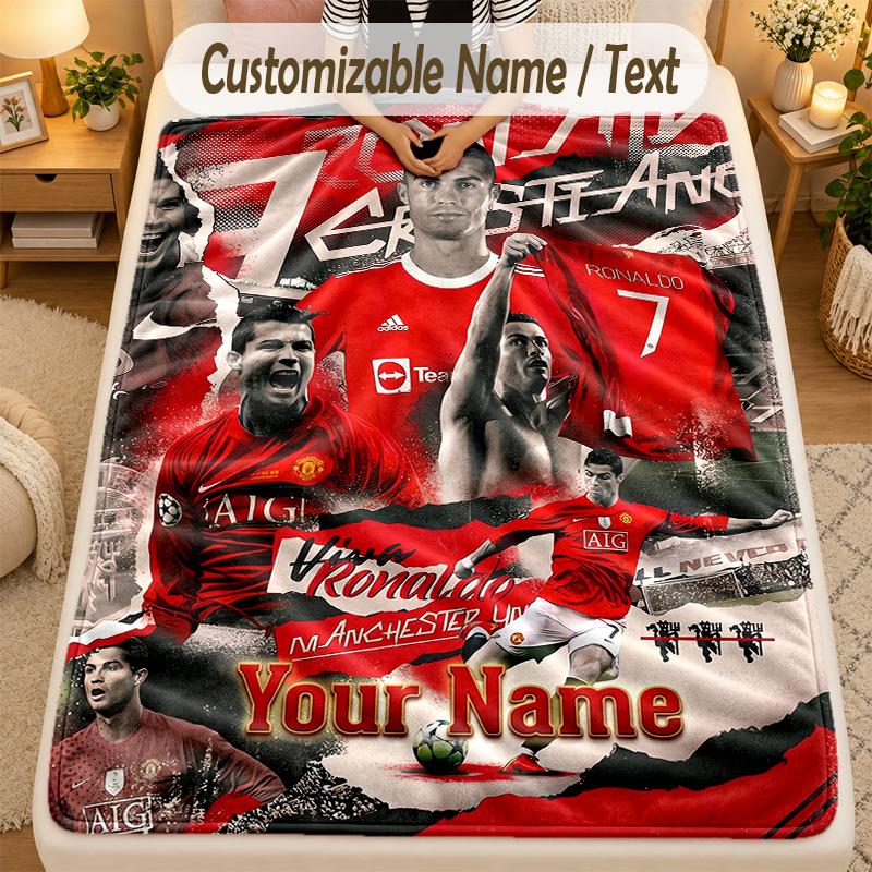 Flannel BlanketCristiano Ronaldo Custom Name Text Personalized Soft Warm Throw Blanket Home Decor Gift