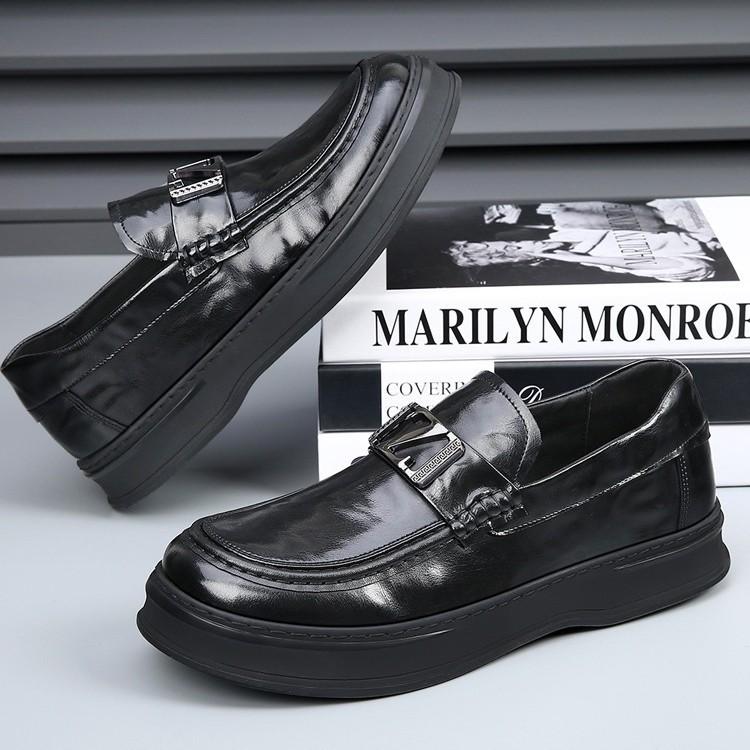 Men's leather shoes spring and autumn new one-pedal lazy beanie shoes soft sole breathable business casual shoes platform loafers