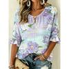 Women's Ditsy Daisy Floral Print Tie Neck Blouse, Ruffle Half Sleeve Light