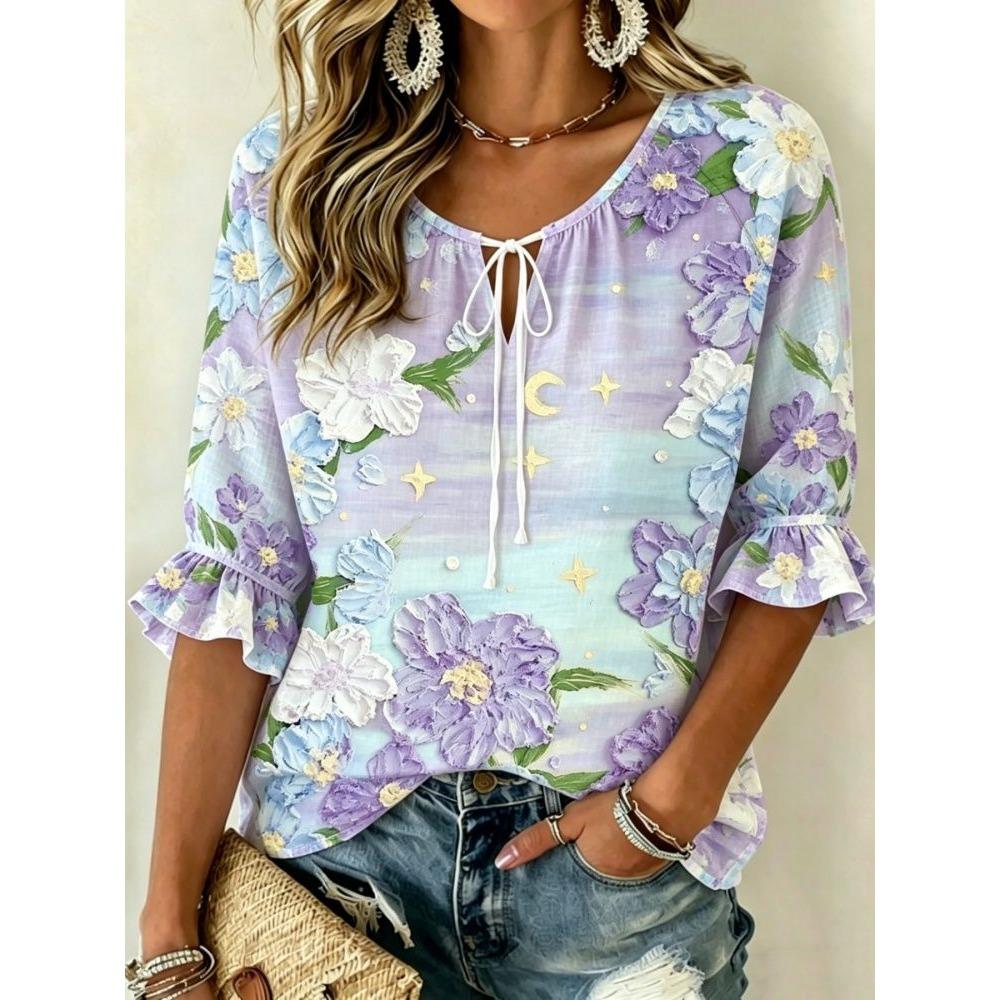 Women's Ditsy Daisy Floral Print Tie Neck Blouse, Ruffle Half Sleeve Light