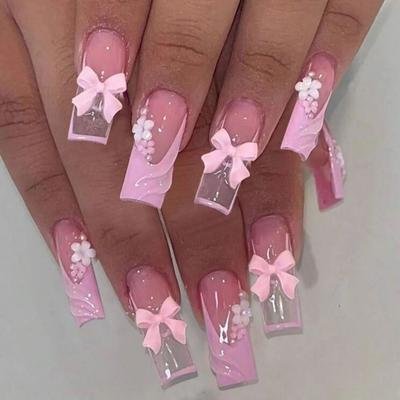 24 Stück Lange Sarg-Press-On-Nägel, Rosa Französische Spitzen mit 3D-Schleife & Blume, Vollabdeckende Falschnägel für Dating & Abendessen
