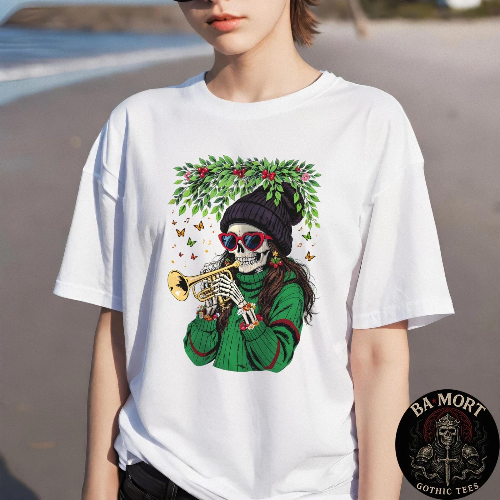 Music Mistletoe Skeleton Girl 100% Cotton T-shirt Mens Tees Top S