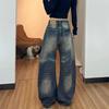 Jeans da Donna Vita Bassa Vintage Blu Gamba Larga Gamba Dritta Larga Denim Lavato Usurato Streetwear