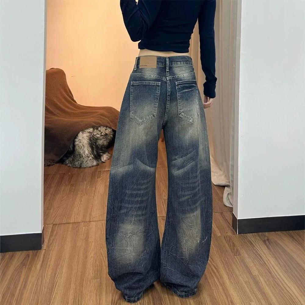 Jeans da Donna Vita Bassa Vintage Blu Gamba Larga Gamba Dritta Larga Denim Lavato Usurato Streetwear