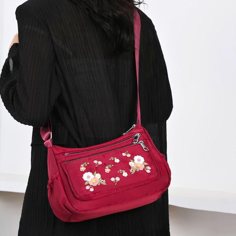 Waterproof Embroidered Oxford Shoulder Bag Multi Pockets Middle Aged Messenger Bag Handbag