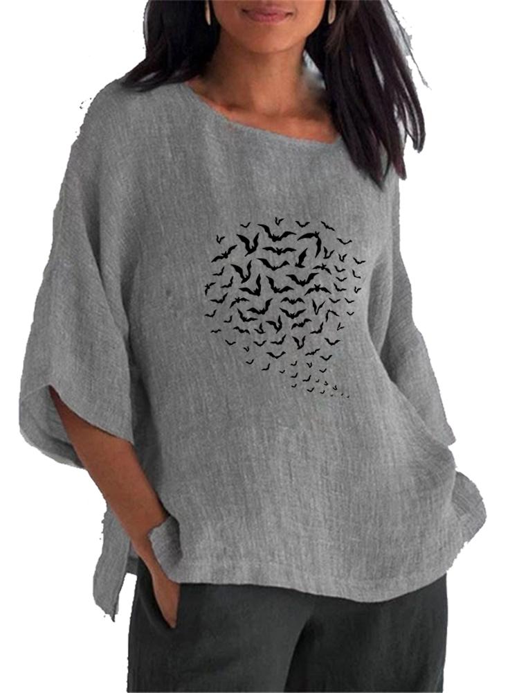 Women Fashion Cotton Linen 3/4 Long Sleeve Top Spring&summer O Neck Print Shirt Ladies Pullover Loose Blouse