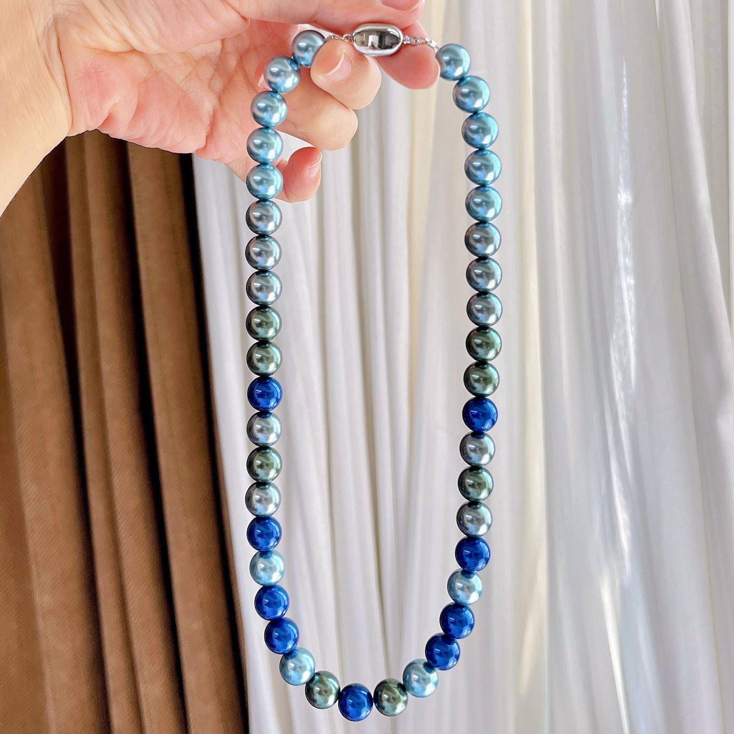10Mm Autumn And Winter Highlight Peacock Blue Green Artificial Crystal Pearl Design Necklace Clavicle Chain Sweater Chain