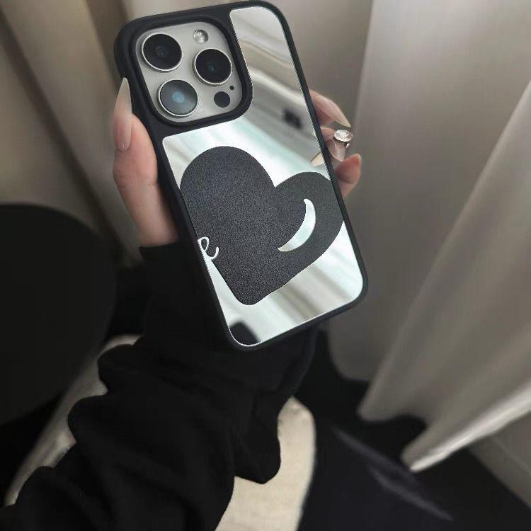 Ins Style Black Love Heart iPhone 15 Case with Mirror and Black Frame for 16 Pro Max