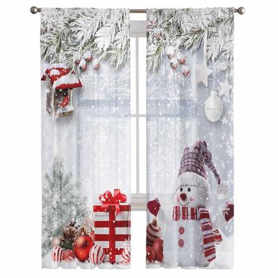Christmas Snowflake Snowman Holly Fir Tree Window Tulle Curtains for Living Room Kitchen Christmas Decor Sheer Voile Curtains