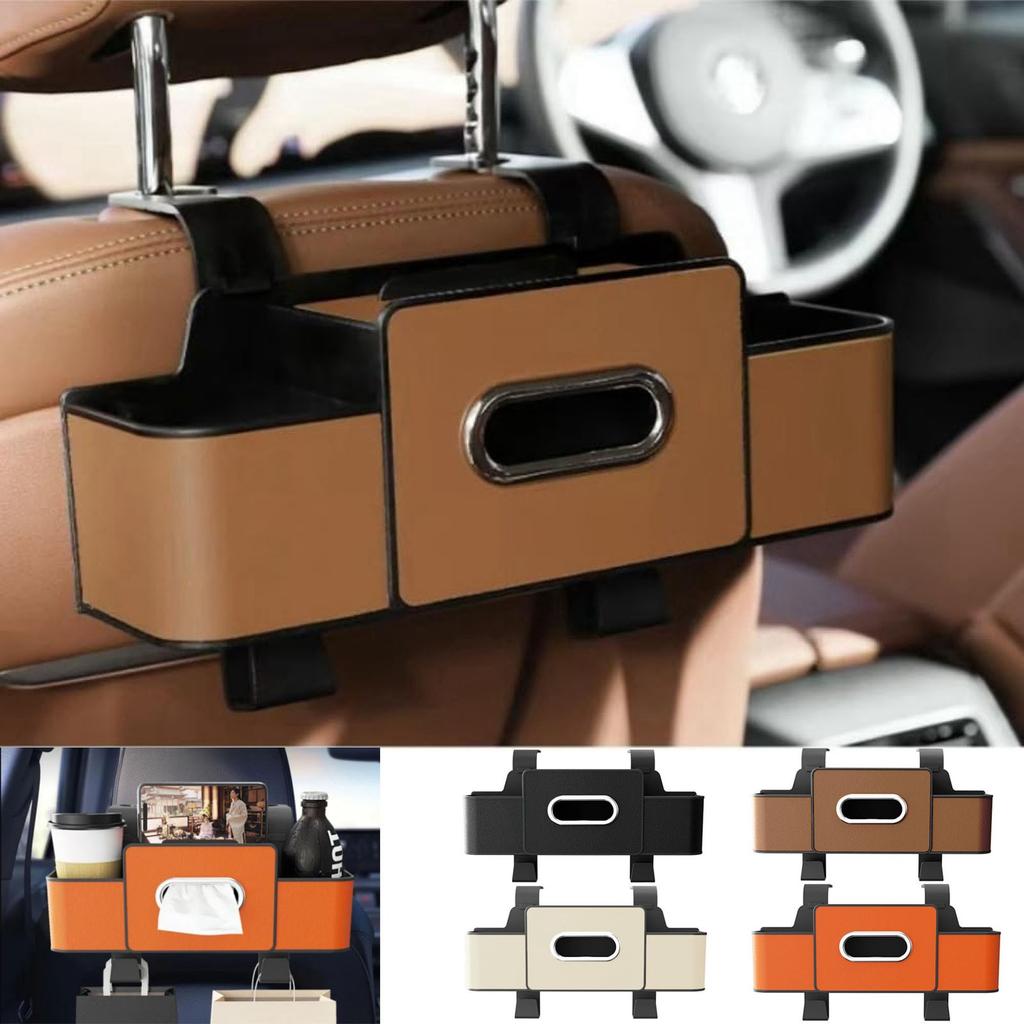 Car Storage Organizer, Multifunctional Car Seat Back Storage Box With 2 Cup Holders, Tissue Box And Hook,Compatible With Most Vehicles