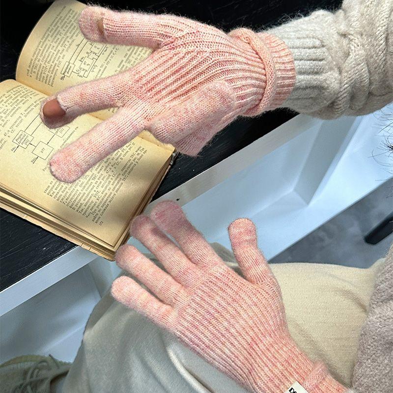 

Korean-Style Wool Knitting Five-Finger Gloves Women s Winter Long Wool Exposed Finger Cycling Warm-Keeping and Cold-Proof Finger Touch Screen Pink One size