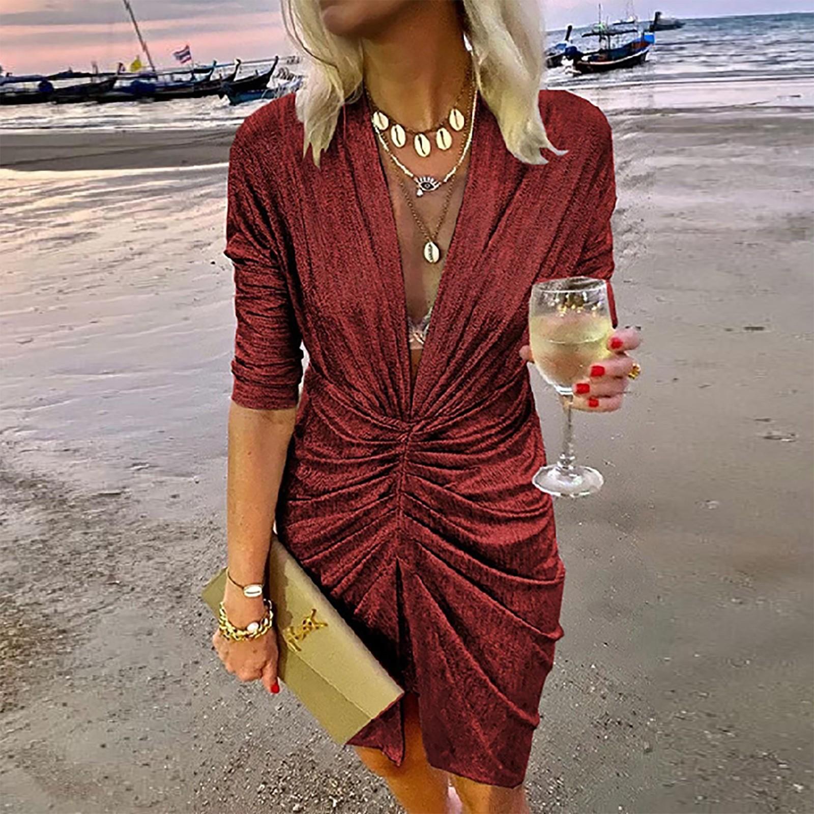 

Женское летнее модное сексуальное вечернее платье для выпускного с V-образным вырезом и запахом на бедрах XL винный