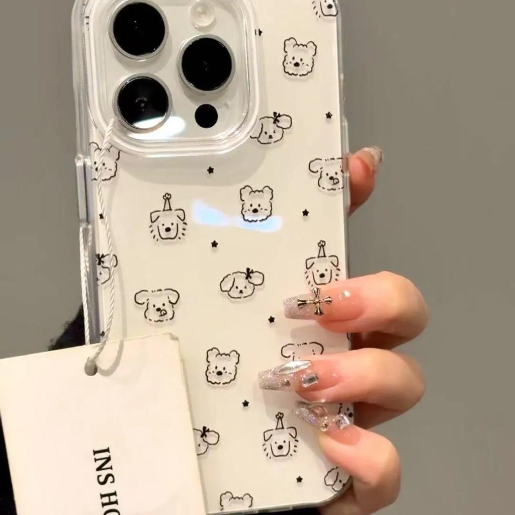 Simple Cartoon White Cute Puppy INS Korean Phone Case For IPhone 17 Air 16 15 14 Plus 13 12 11 Pro Max Y2K Clear Black Cover