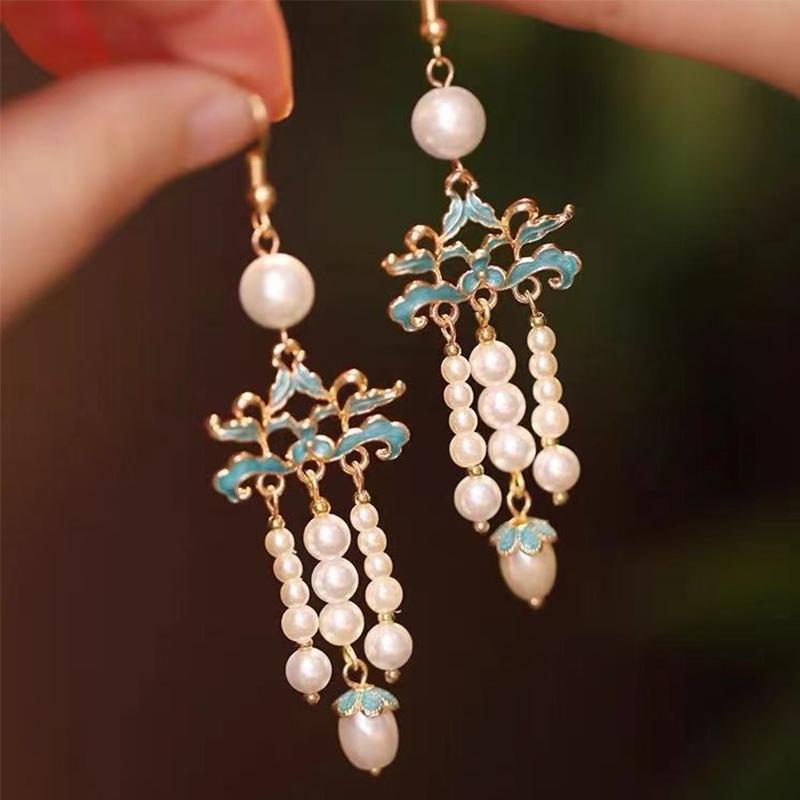 Luxus Neue Antike Damen Hanfu Ohrringe Tang Dynastie Gebrannt Blau Schmetterling Perle Hängeohrringe Hochzeits Schmuck Geschenk