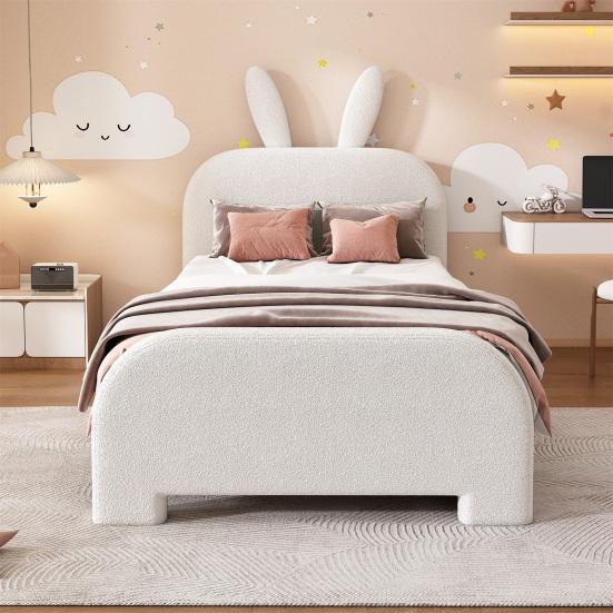 90x200cm Rabbit Shape Velvet Fabric Children Bed with Headboard 2 Drawers Ergonomic Design Strong Wood Slat Support Bed Home Furniture