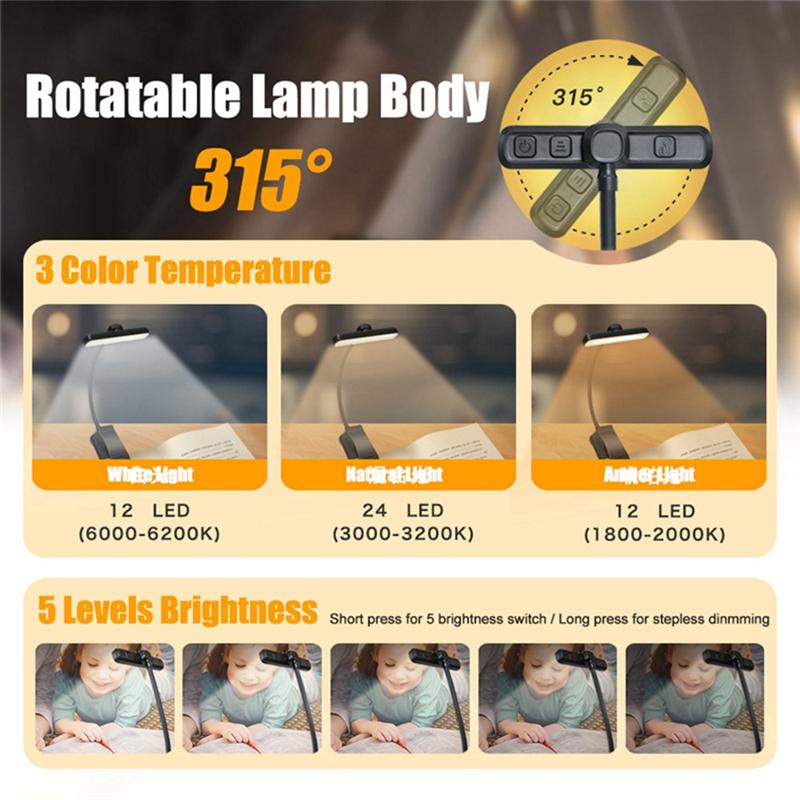 A23I-LED Book Light USB Rechargeable Desk Clip Night Light Mini Rotatable Table Lamp Portable Reading Light For In Bed