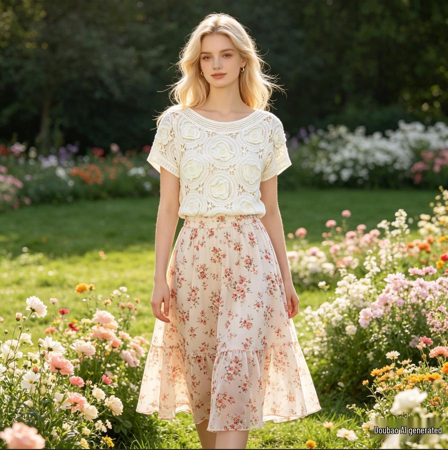 2026 French Sweet Women's 3D Floral Patchwork Short Sleeve Knitwear