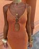 European-American Cross-Border Backless Knit Dress with Metal Buckle - Women's High Waist, Slimming, Sexy Spaghetti Strap, Hollowed-out Design