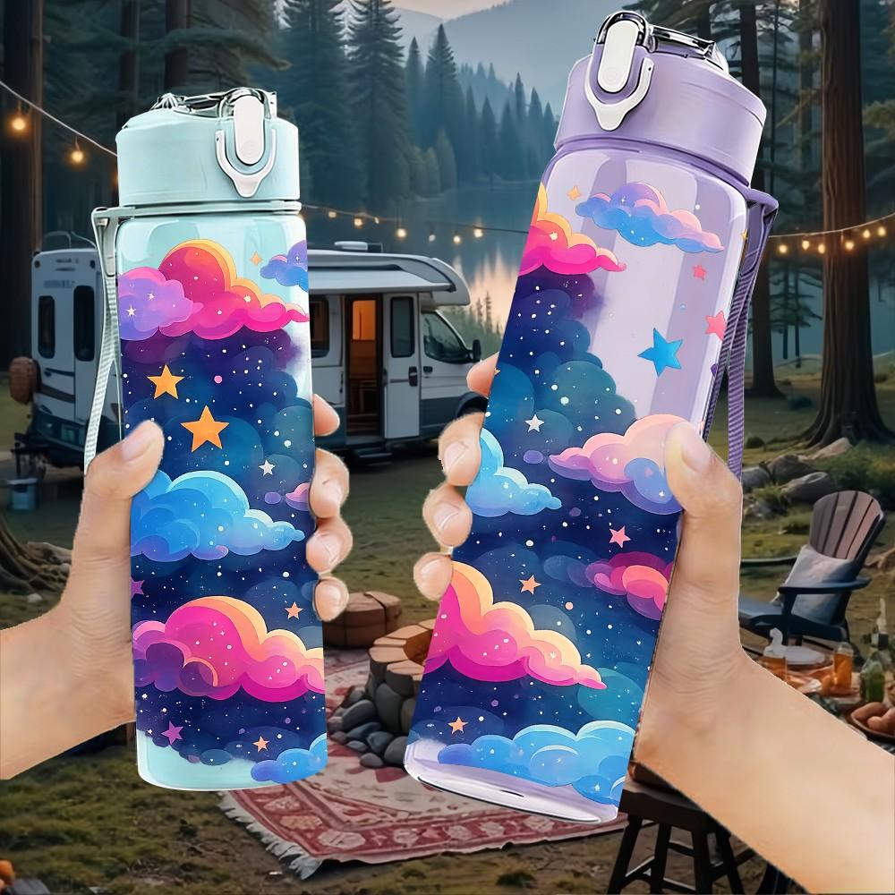 1PC Cloud Star Dream Galaxy Pattern 750ml Color Plastic Sports Water Bottle Leakproof Flip Straw Lid Suitable for Sports Office Home Use