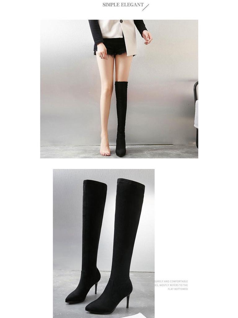 2025 High-Heeled Over-the-Knee Boots: New Slimming Chunky Heel, Elastic Velvet, Pointed Toe