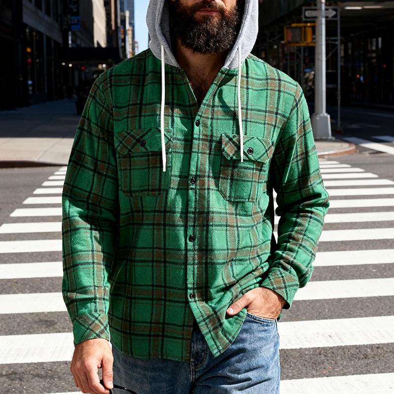 TikTok Men's Plaid Hooded Shirt Jacket - Casual Hip Hop Style for Spring & Autumn