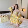 Summer new loungewear pajamas set sexy floral gold robe breathable with chest pad splicing fashionable