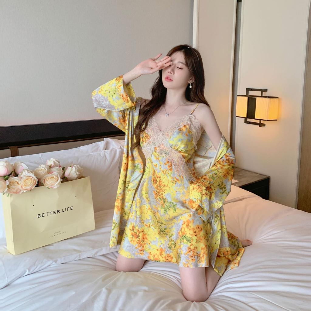 Summer new loungewear pajamas set sexy floral gold robe breathable with chest pad splicing fashionable