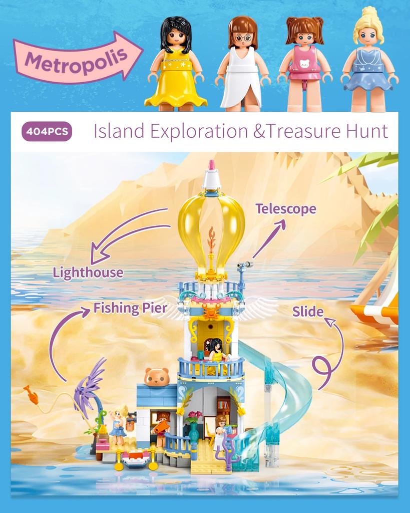 Non-Toxic 404Pcs Treasure Hunt Lighthouse Building Blocks Creative Sea View Seaside House Model Bricks Set With Mini Dolls Kids Toys Gifts