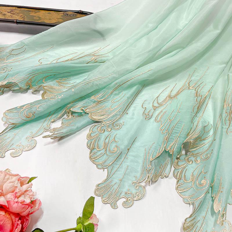 1M Chinese Classical Gradient Embroidery Fabric Chic Lotus Leaf Edge Designer Fabric For DIY Hanfu Dress Dance Costume