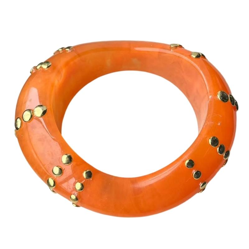 A52E Unconventional Resin Bangle Wide Wrist Bracelet With Artistic Geometry And Metal Studs For Unique Styling