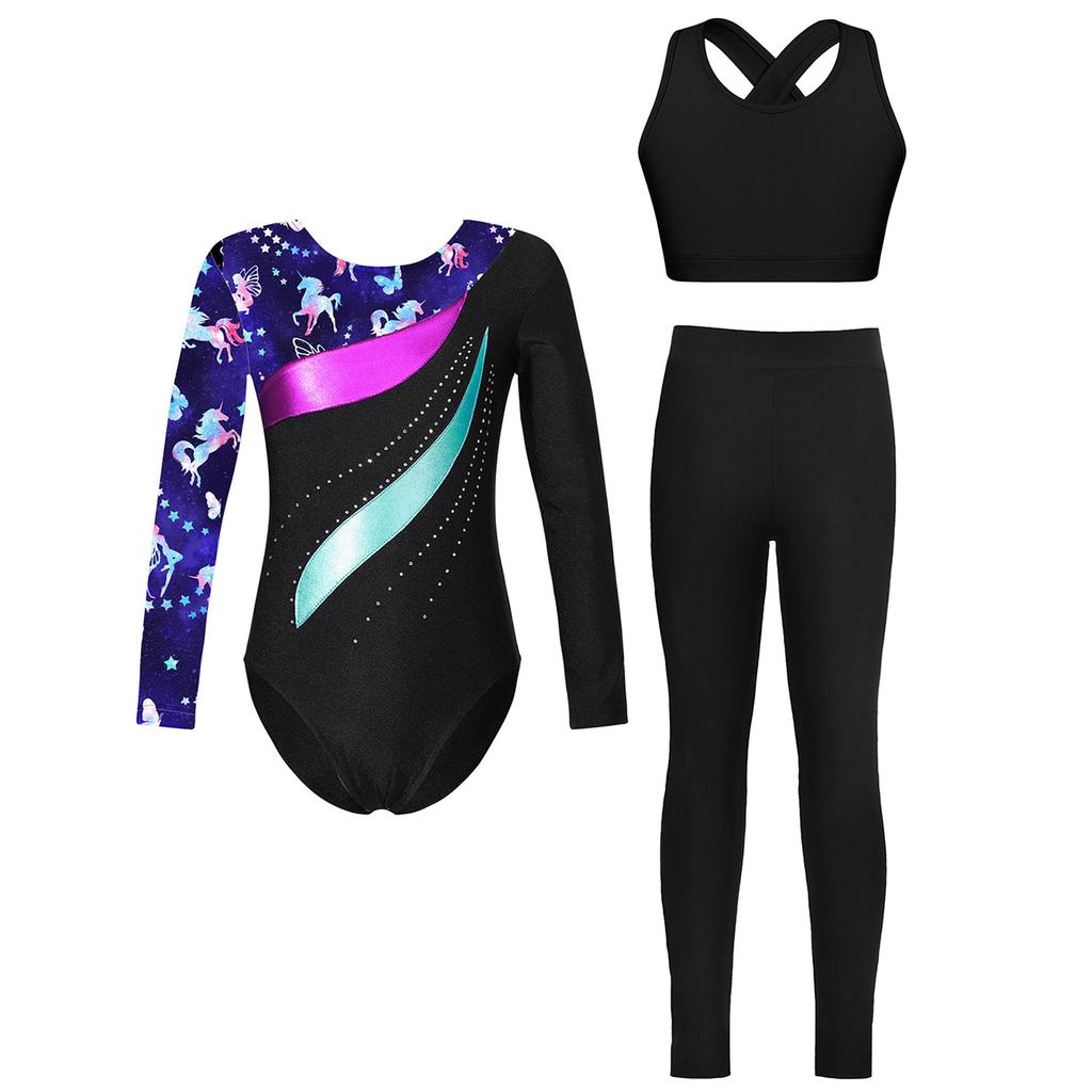 3-teiliges Turnset für Mädchen: Langärmliger Metallic-Patchwork-Turnanzug mit gekreuztem Rückenteil und Leggings