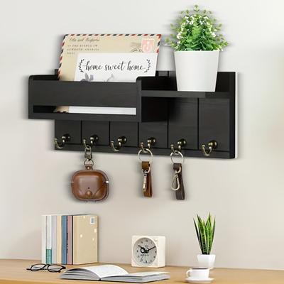 Colgador de Llaves de Madera para el Hogar con 6 Ganchos Estante Abierto Colgante de Pared Rústico Organizador de Llaves Colgador Decorativo Multifuncional para el Hogar Oficina Entrada