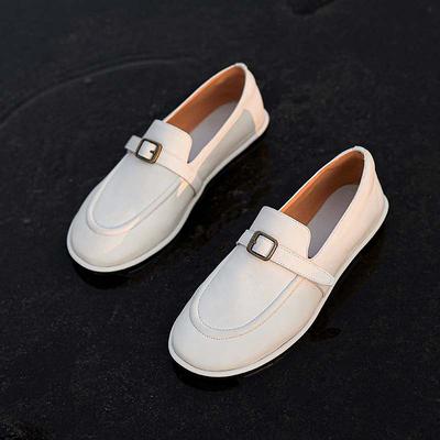 Krazing Pot Full Grain Leather Round Toe Casual Shoes Size 40 Flat with Metal Buckle Fashion Gladiator Autumn Loafers