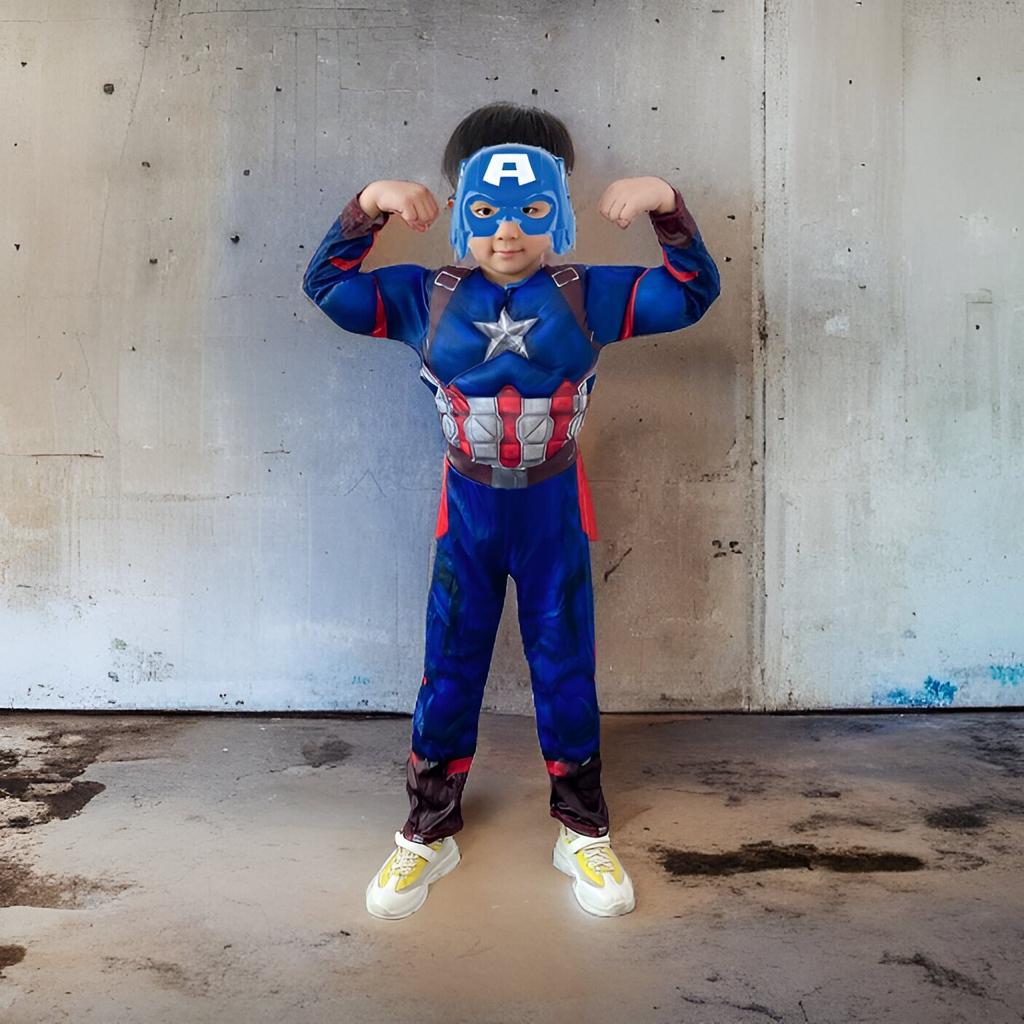 Captain America Superhero Costume for Kids, Role Play Outfit, Party Cosplay, Cool Print, Comfortable Fabric, Multiple Sizes