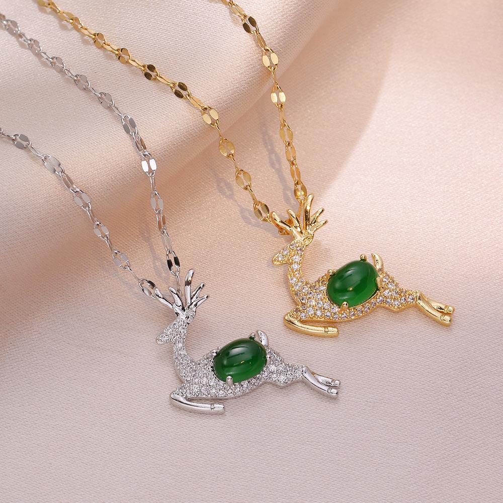 Emerald Little Deer Necklace - Cute Christmas Pendant Clavicle Chain for Women, Inspired by Douyin's Fashion Internet Celebrity Style.