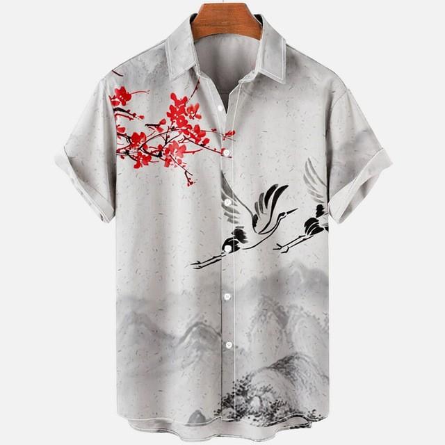 Retro Short-Sleeve Button-Up Shirt, Vertical Stripes & Diamond Pattern, Casual Wear