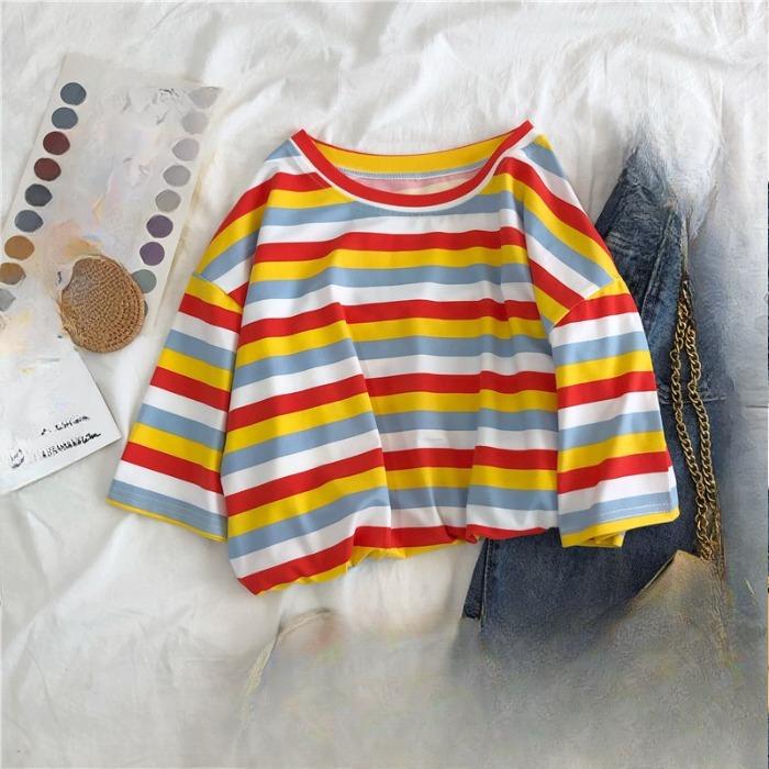 Summer Women's Colorful Stripes Casual Loose Short Sleeve Female T-shirt Y2k Tops Tees Women 90s T-shirts Harajuku Women T Shirt